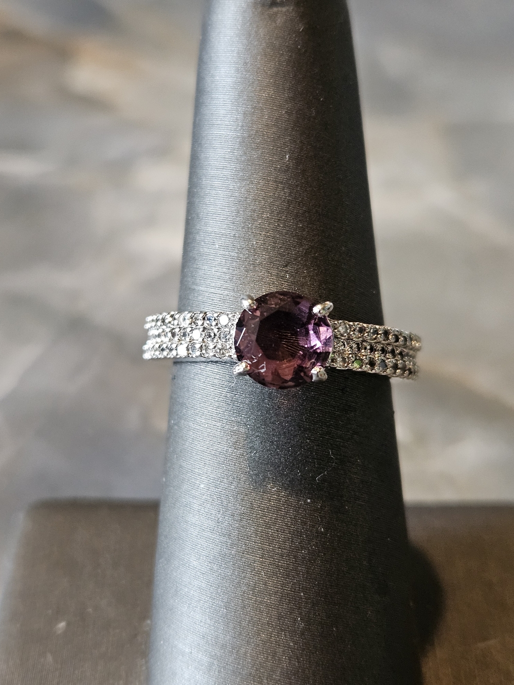 Bomb Party Silver Ring with Round Purple Center Stone and Pavé Band